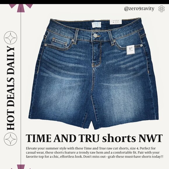 Time and Tru Pants - Time and Tru Women's Mid-Rise Raw Hem Denim Shorts size 4 NEW